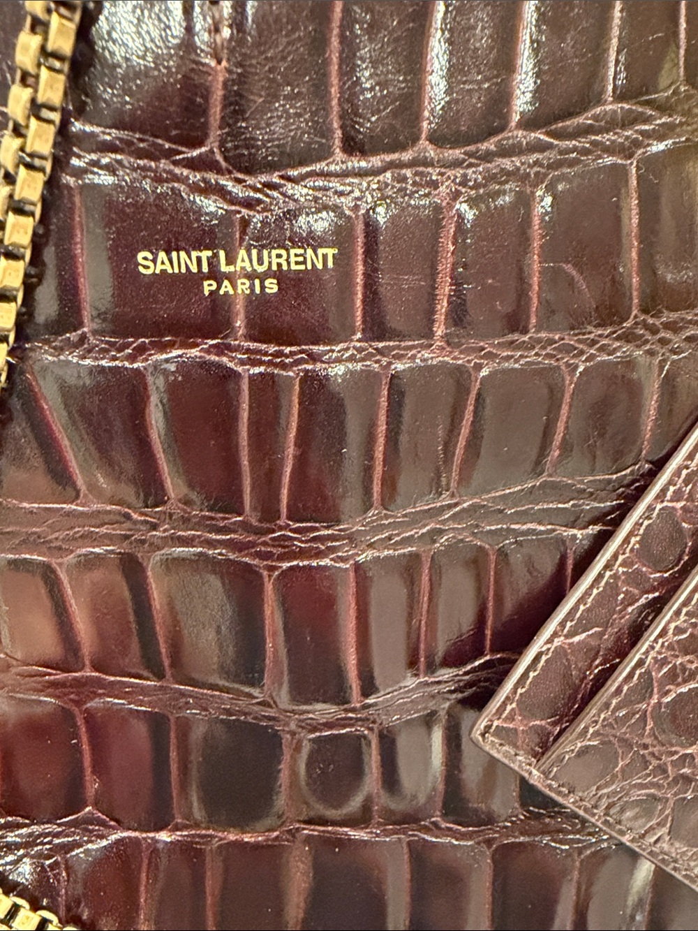Saint Laurent Croc-Embossed Crossbody in Deep Burgundy with Gold Chain - Picture 4 of 7
